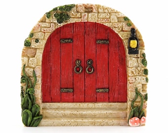 Red Fairy Garden Door, Resin Miniature Wall Decor, Freestanding Woodland Door, 5 Inches Tall