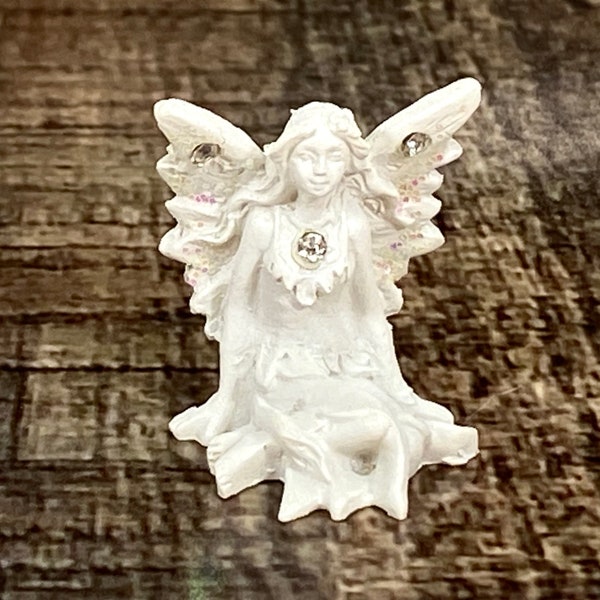 Micro Miniature White 1 Inch Tall Kneeling Fairy Figurine with Faux Gems, Arms Toward Left, Terrarium, Fairy Garden Accessories, Angel Fairy