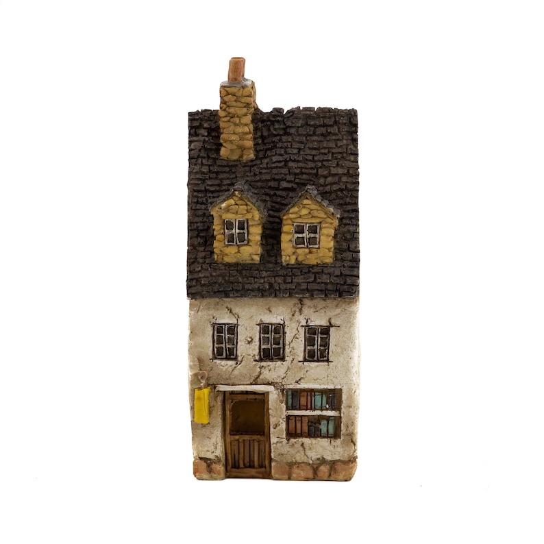 Miniature Stucco Bookstore, Fairy Garden House, 4.25' Tall, Miniature Village, Fairy Garden Supply, Fairy Cottage 