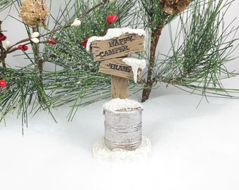 Winter Trail Sign, Happy Camper, Beer Keg, Miniature Fairy Garden Accessories, 3.5 Inches Tall