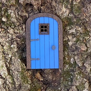 Fairy Door, Miniature Door, Handmade Wildflower Blue Fairy Garden Door With Brown Trim, Miniature Fairy Accessories, 3 Inches Tall