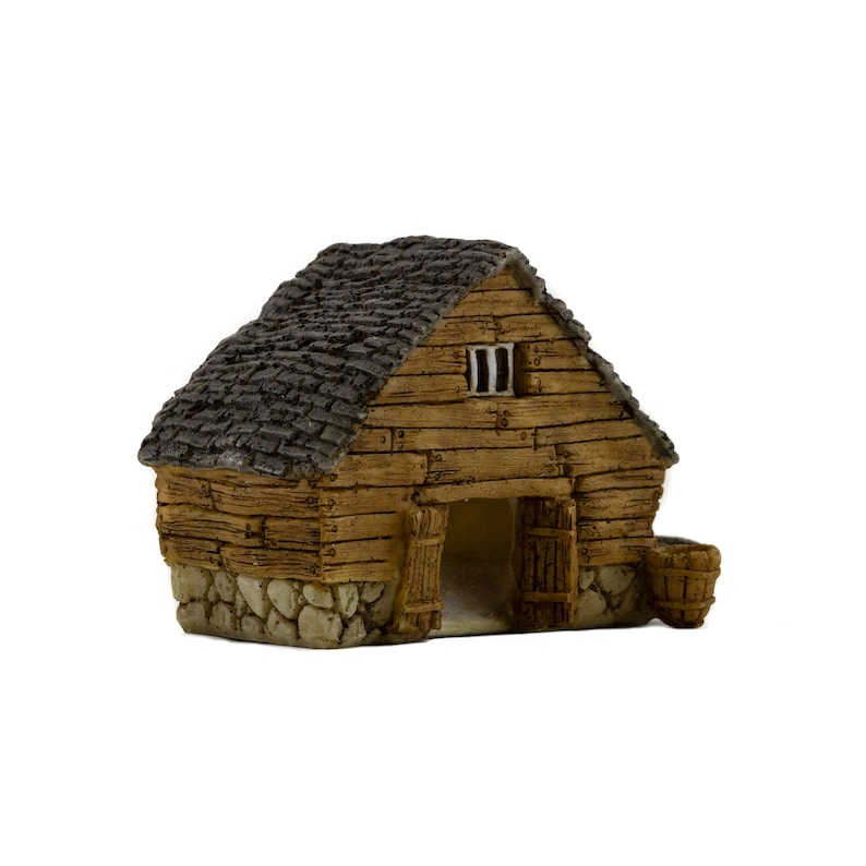 Miniature Barn with Watering Trough, Terrarium House, Miniature Fairy Garden Village House, 2.25' Tall, Home Cottage 