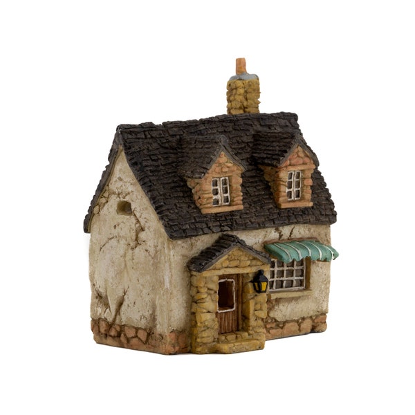 Miniature Faux Stucco House with Awnings, Fairy Garden House Cottage for a Miniature Village, 4 Inches Tall