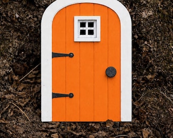 Orange Fairy Door with White Trim, Miniature Indoor Baseboard Accessory, Small Autumn Gnome Door, Whimsical Woodland  Décor, 3” Tall