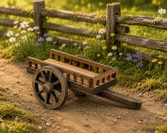 Handmade Rustic Fairy Garden Wooden Cart,  Mini Farm Wagon, Dollhouse Accessory, 4.5 Inch Wood Wagon