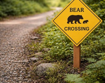 Miniature Sign Bear Crossing, Fairy Garden Décor, Handmade, Gift for Miniature Garden, 3-1/2 Inches Tall