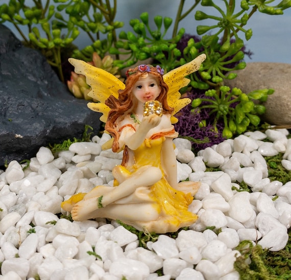 Miniature Dollhouse Garden Fairy With A Gem ~ Yellow Statue Resin