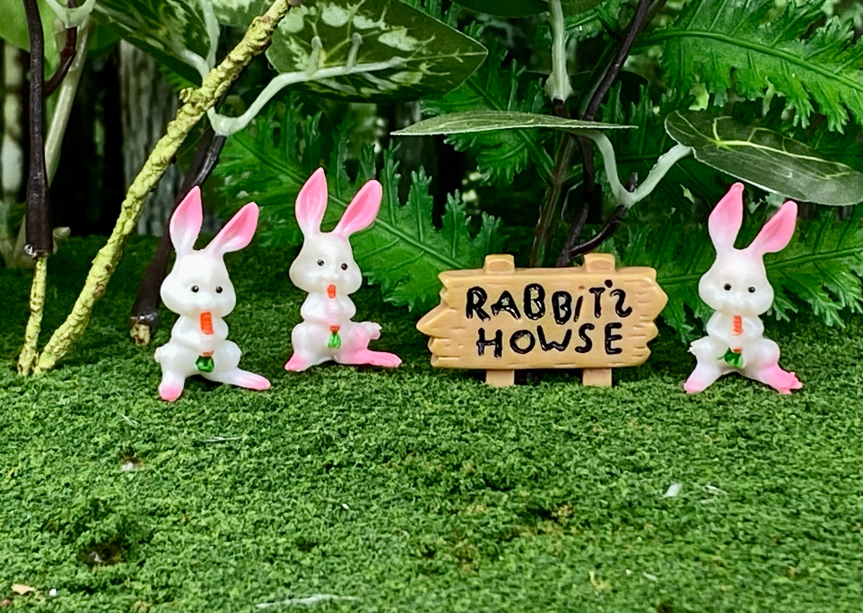 Miniature Sign Rabbitz Howse, Rabbits House, Choice 3 Rabbit Figurines and or Rabbit House Sign