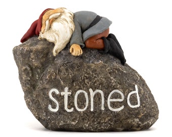 Stoned Gnome on a Stoned Rock, Gnome Stone, Home Decor, 3.5&quot; Tall, 4&quot; Long, Fairy Garden Accessories, Gift for Him Gift for Her