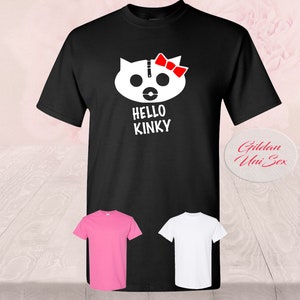 Hello Kinky Red Bow Tie and Leather Mask T-Shirt - Unleash Your Naughty Side