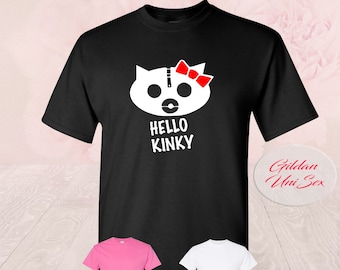 Hello Kinky Red Bow Tie and Leather Mask T-Shirt - Unleash Your Naughty Side