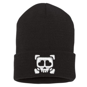Black Beanie Hat with Heart Skull Embroidery - Gothic Winter Accessory