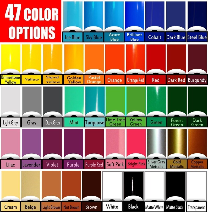 K&ouml;nnte beinhalten: Eine Farbkarte mit 47 Farboptionen. Die oberste Reihe zeigt Blaut&ouml;ne, gefolgt von Gelb, Orange und Rot. Die Karte enth&auml;lt verschiedene Graut&ouml;ne, Gr&uuml;n, Rosa, Lila, Braun und Metallicfarben, mit dem Text "47 COLOR OPTIONS" oben.