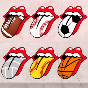 6 Sports Tongues with Red and Blue Lips, PNG "File Only" Download, Football, Baseball, Soccer, Softball, Basketball, Volleyball