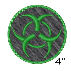 May include: A 4-inch round green and gray embroidered patch with a biohazard symbol.