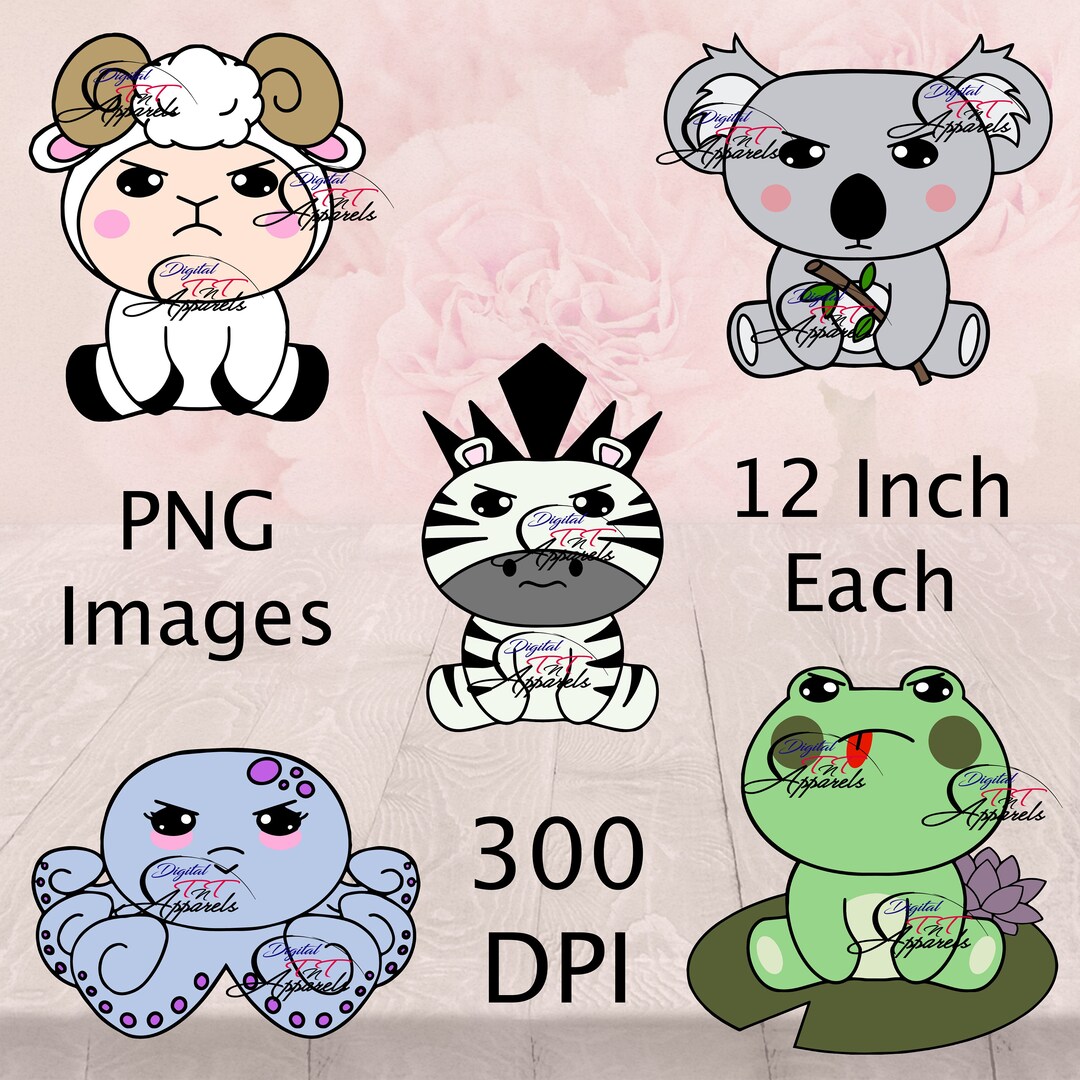 Grumpy Kawaii Animal PNG Clipart: Frog, Koala, Zebra, Ram, Octopus ...
