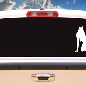 K&ouml;nnte beinhalten: Wei&szlig;es Vinyl-Aufkleber einer knienden Figur mit Katzenohren und Schwanz, angebracht an der Heckscheibe eines wei&szlig;en Pick-ups. Die Figur ist eine Silhouette vor der schwarzen T&ouml;nung, mit einem Hintergrund aus blauem Himmel und gr&uuml;nen H&uuml;geln.