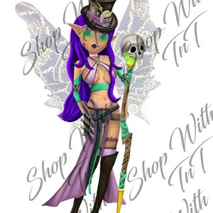 May include: A purple-haired fairy with green eyes and a top hat, holding a staff with a skull on top. She is wearing a purple and green outfit with a long purple skirt and black boots. She has large, iridescent wings.