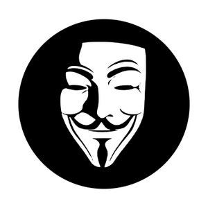 May include: A black and white graphic of the Guy Fawkes mask, a stylized depiction of a smiling face with a mustache and goatee, set against a black circle background. The mask is white.