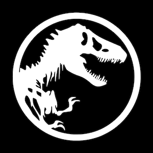 May include: A circular graphic featuring a white silhouette of a dinosaur skeleton on a solid black background. The design shows the head, neck, and upper torso of the creature with its mouth open, enclosed within a thick white circular border.