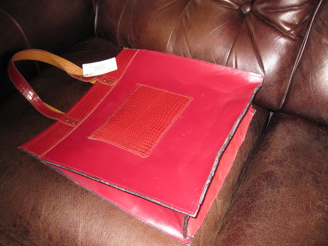 HANDMADE RED LEATHER Carry Bag Tote Laptop Carry Bag Grocery Tote Two