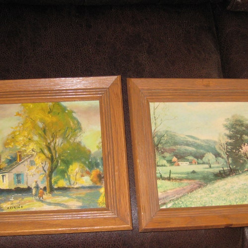 TWO MID CENTURY Textured Prints Robert Wood Early Spring And A, Cerino Landscape In Original Solid Wood on sale Oak Frames 10 1/2