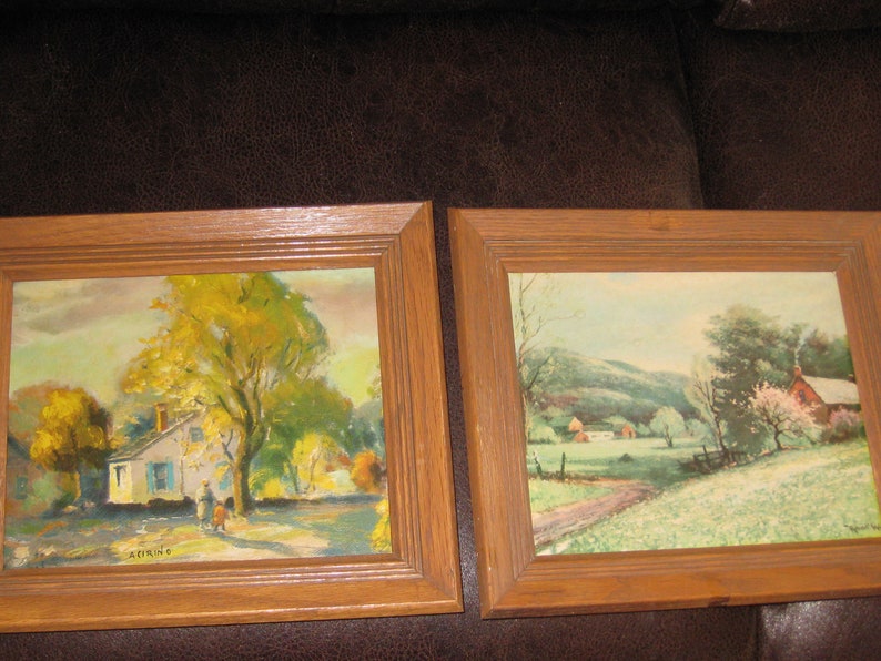 TWO MID CENTURY Textured Prints Robert Wood Early Spring And A, Cerino Landscape In Original Solid Wood on sale Oak Frames 10 1/2