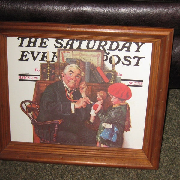 THE SATURDAY EVENING Post March 9, 1929 Little Girl At The Doll Doctor Originally Norman Rockwell Print Deep Hardwood Frame 13 1/4" x 11"