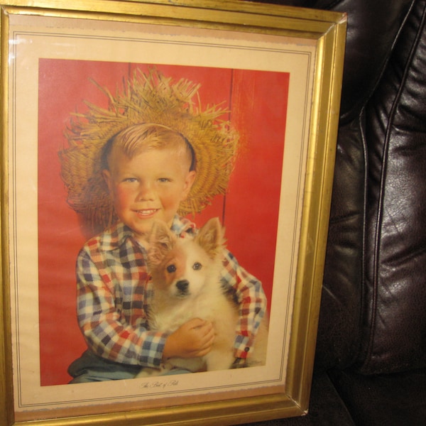 THE BEST Of PALS Vintage Print Gerlach Barklow Co. Joliet Ill. Mid Century Print Little Boy In Straw Hat With His Dog Wood Goldtone Frame