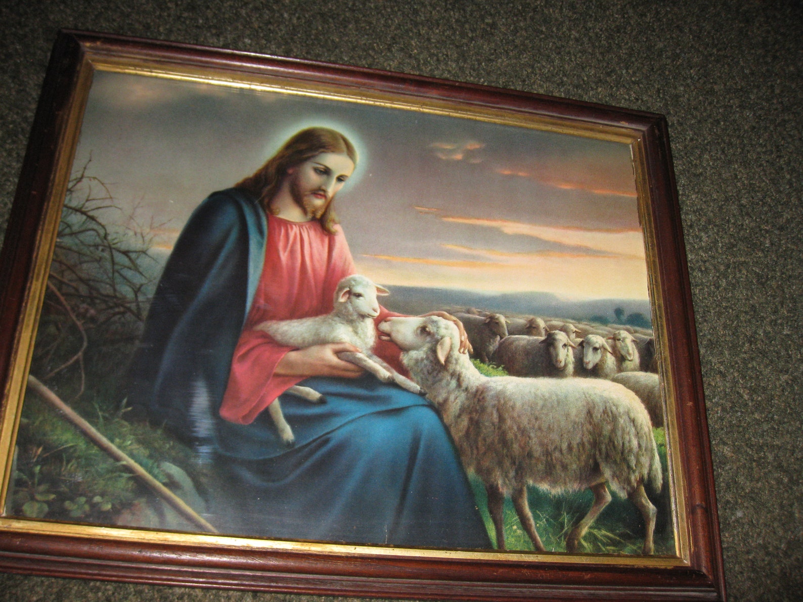 ANTIQUE JESUS WITH the Sheep Print in Original Wood Frame With - Etsy