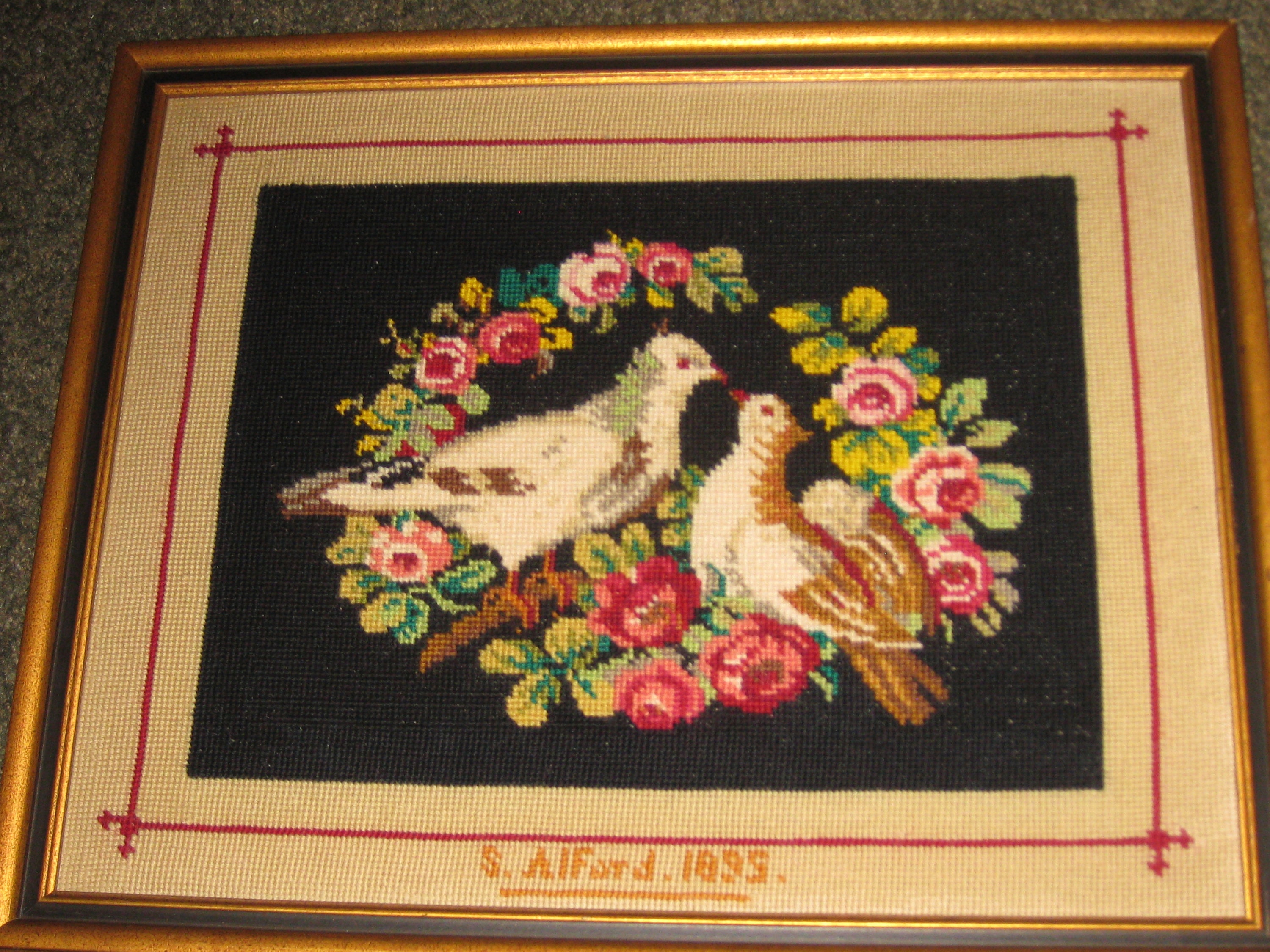 DOVES COMPLETED FRAMED Vintage Needlepoint S. Alford 1895 Wood Etsy UK