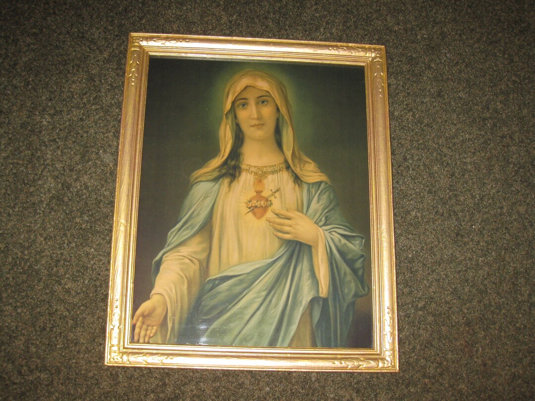 SACRED HEART OF Holy Mary Art Deco Print Original Gold Painted Wood