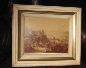 SEPIA ENGRAVING EUROPEAN Landscape Castle On The Hill Sheep Farmer In Antique White Wood Ridged Frame Gold Inner Border 12 1/2" x 14 1/4"