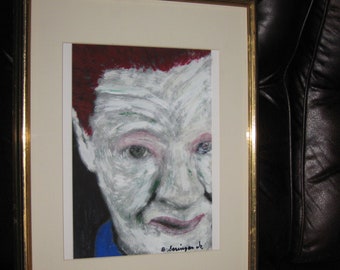 ACRYLIC PAINTING ON Photograph Mans Face Matted In Off White Framed In Goldtone Wood Frame With Green Inner Border 16 1/2" x 21 1/2" Unusual