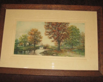 ANTIQUE ENGRAVING COUNTRY Cottage Landscape On Embossed Beige Mat In Original Oak Or Chestnut Wood Frame 10 1/2" x 15 1/2" Glass With Bubble