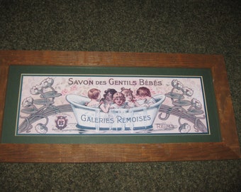 FRENCH SOAP ADVERTISEMENT "Savon Des Gentils Bebes" Galeries Remoises Children Tub Lotus Flowers Green Mat Barn Wood Frame 22 1/2" x 10 3/8"