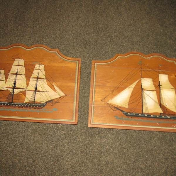 MID CENTURY VANGUARD Studios Clipper Ships On Distressed Wood Slats Measures 17 3/4" High And 24" Wide Original Labels On Back (One Torn)