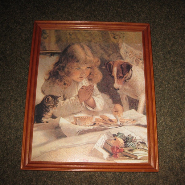 BREAKFAST IN BED Print Little Victorian Girl With Her Furry Friends Hands Folded In Prayer Wood Frame 12 1/4" x 15 1/4" Non Glare Glass