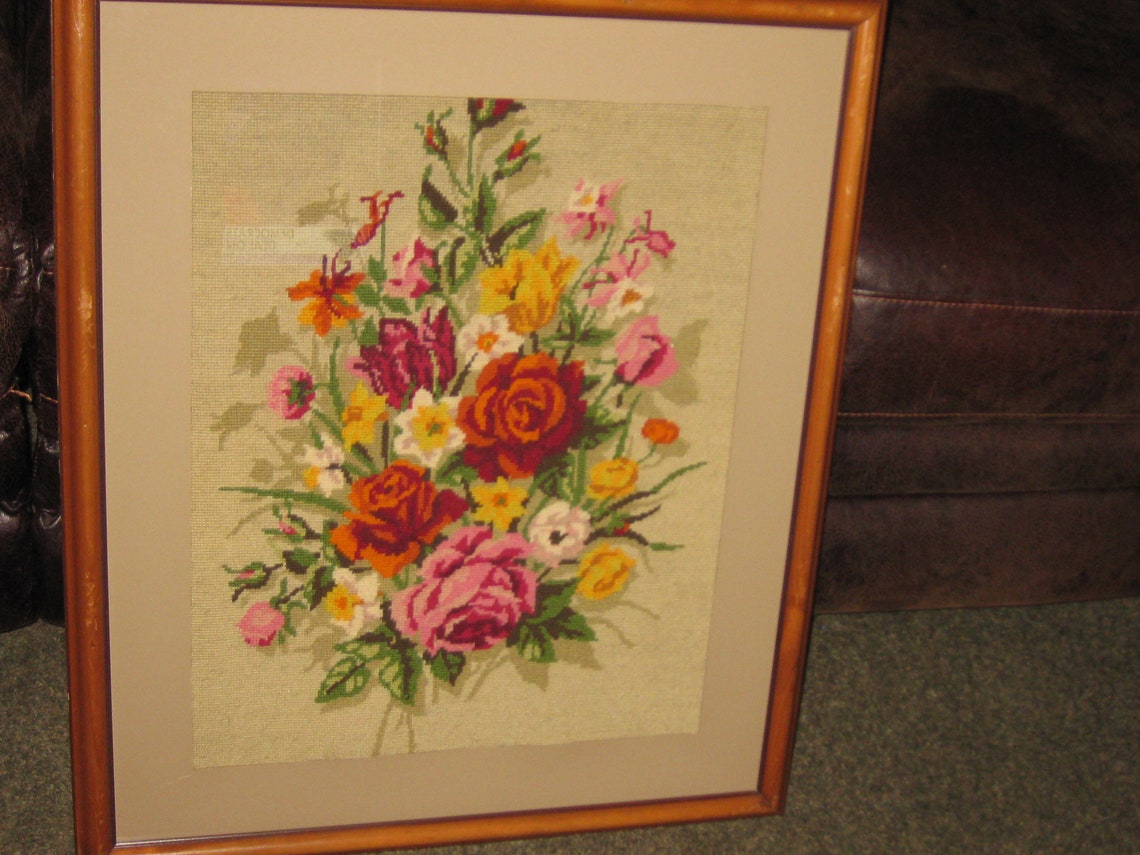 ANTIQUE FLORAL NEEDLEPOINT Completed on Royal Paris Canvas Etsy