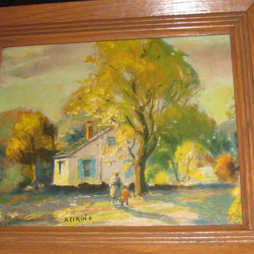TWO MID CENTURY Textured Prints Robert Wood Early Spring And A, Cerino Landscape In Original Solid Wood on sale Oak Frames 10 1/2