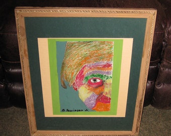 ACRYLIC PAINTING Face Painting Colorful Image Partial Face Double Matted Dark Green & Beige Wood Frame Rope Inner Border 16 3/4" x 20 3/4"