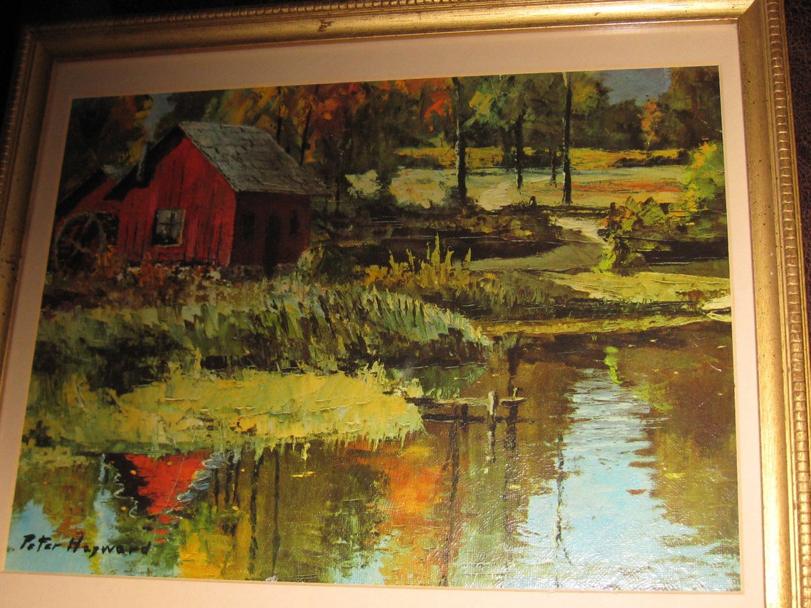 PETER HAYWARD TEXTURED Mid Century Print Country Scene With Water Wheel