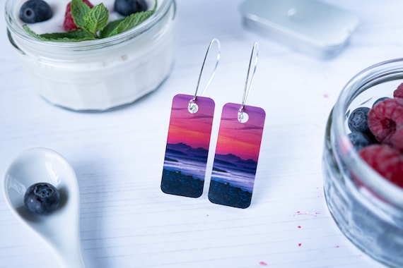 Sunset landscape nature drop earrings. Nature inspired jewellery.
