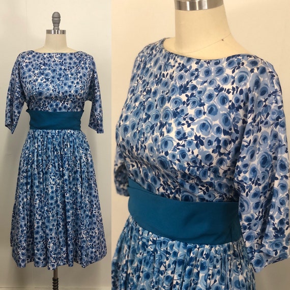 1950s Rayon Blue watercolor floral party dress RAR