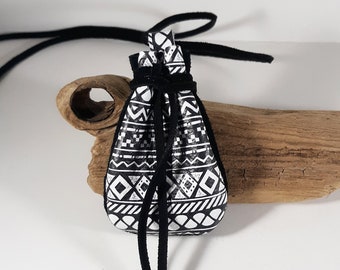 Black & White Boho Medicine Pouch - Handmade Leather And Deer Suede Medicine Bag - Stash Bag - Shaman Pouch - Boho Festival