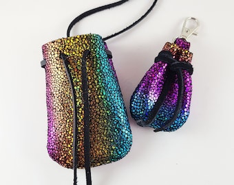 Pouch Necklace - Metallic Rainbow Sparkle Handmade Leather And Deer Suede Medicine Bag - Stash Bag - Medicine Pouch - Festival Wear