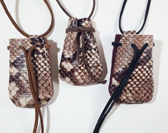 Medicine Pouch Necklace - Snake Skin Embossed  - Handmade Leather And Deer Suede Medicine Bag - Stash Bag - Shaman Pouch - Boho Festival