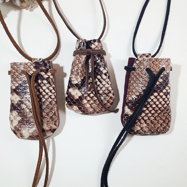 Medicine Pouch Necklace - Snake Skin Embossed  - Handmade Leather And Deer Suede Medicine Bag - Stash Bag - Shaman Pouch - Boho Festival