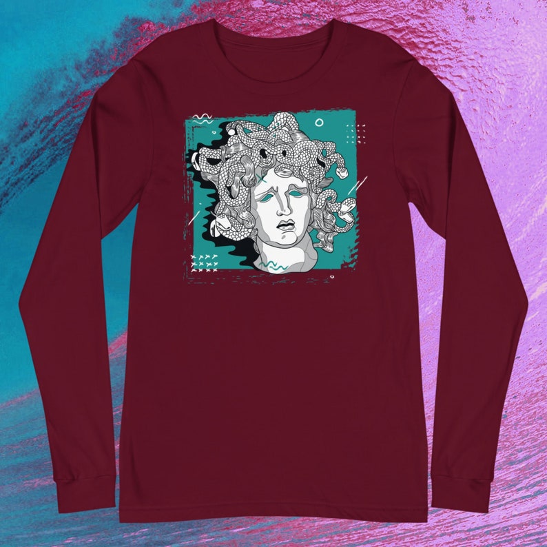 Medusa 90/'s Grunge Pop Art Graphic Long Sleeve Tee Unisex Black Maroon Grey Deep Heather