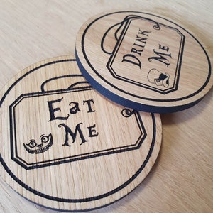 Laser cut wooden coaster. Alice Eat Me Drink Me Double Deal - Unique Gift lasercut